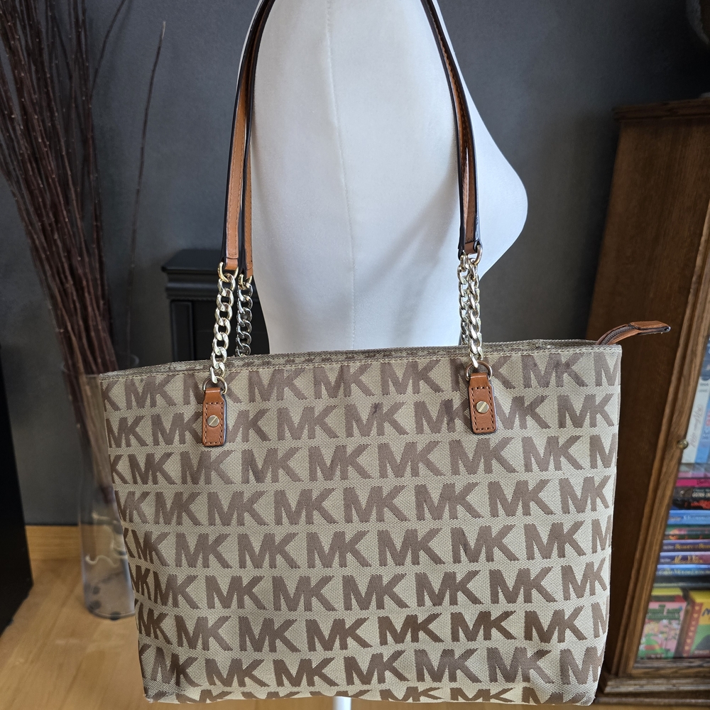 Michael Kors Brown Structured Tote with Chain Accents